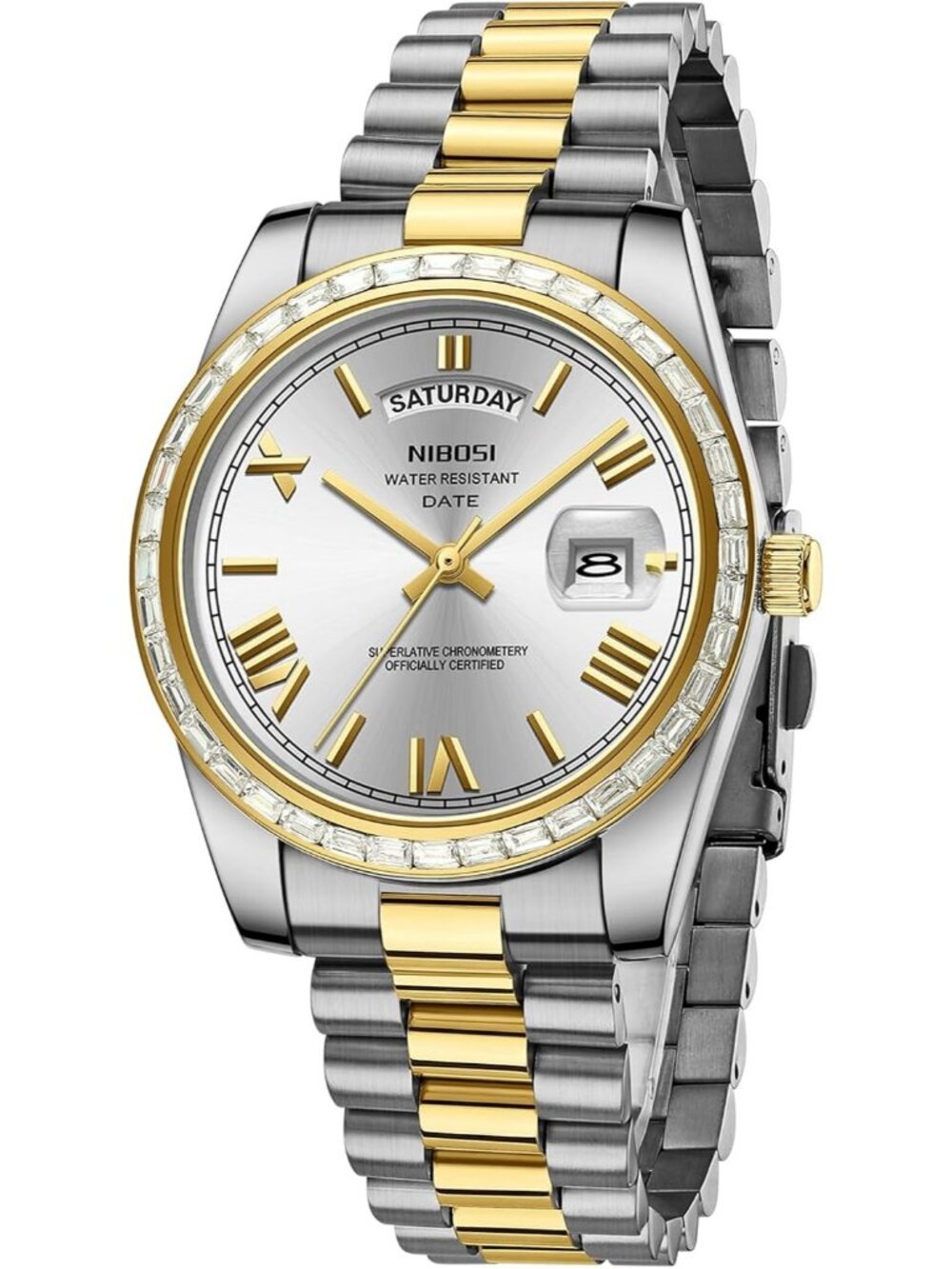 Nibosi Men's Silver Gold Analog Quartz Diamond Bezel Stainless Waterproof Watch